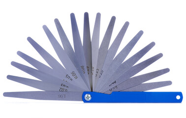 Stainless steel double end feeler gauge on white background isolation
