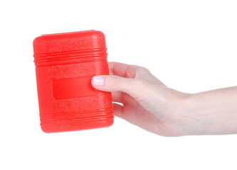 Obraz premium Red plastic box container in hand on white background isolation