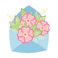 Envelope with flowers and twigs. Vector illustration with pink floral buds and plant elements. Design for greeting card.