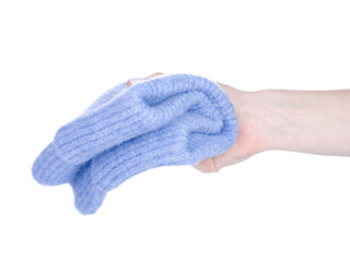 Blue warm hats in hand on white background isolation