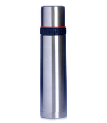 Metal silver thermos on white background isolation