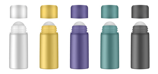 Set of roller ball bottles. Body antiperspirant deodorant roll-on, open blank bottles with screw cap. Realistic vector mockup. Roller Applicator. White, yellow, black, purple and green containers
