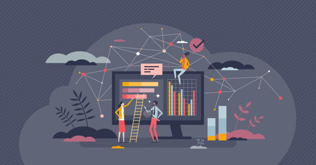 Network analytics and identify data amount statistics tiny person concept. Collect big volume of information from data mining to identify trends and patterns vector illustration. Analysis automation.