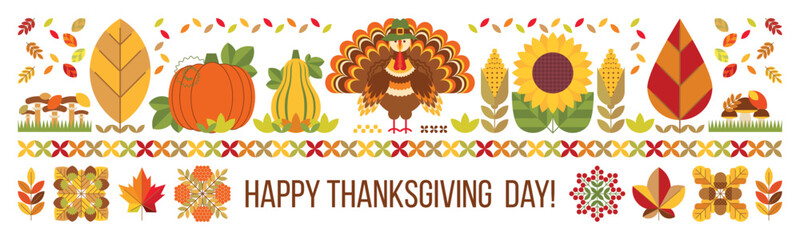 Creative thanksgiving background with sunflower, pumpkin, turkey, corn, leaves, berries. Modern stylised backdrop with autumn gifts, festive elements.