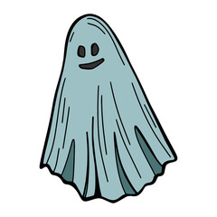 Cute cartoon spooky character. Funny scary ghost monster for Halloween. Flying cloth phantom.