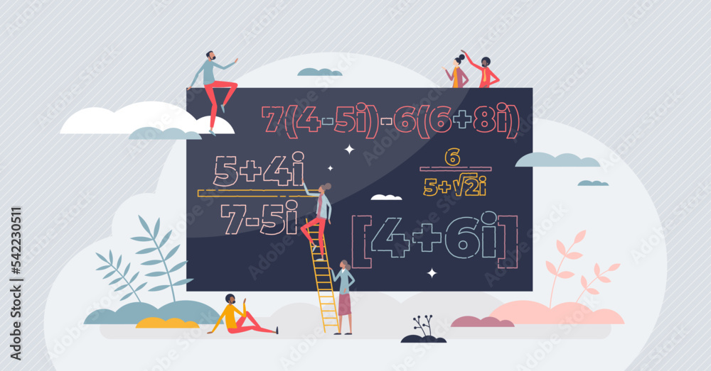 Wall mural complex numbers equation study or solving mathematical problems tiny person concept. blackboard with