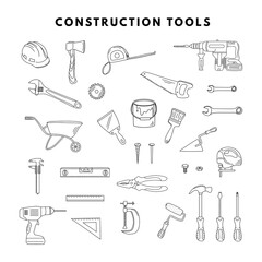 Construction tools. Outline hand drawn elements. The concept of home renovation, construction.