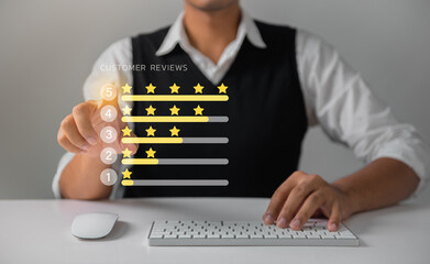 Businessman give 5 ster rating on virtual touch screen to service experience. Customer service and Satisfaction concept © Idol Design
