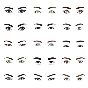 A set of different eyes and eyebrows. Portrait of women of Different ethnic groups.Vector illustration in cartoon style.