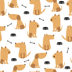 Funny dogs seamless pattern. Funny dogs and a food bowl. Vector background for design.