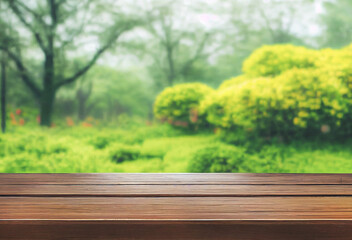 Naklejka premium Empty wooden table in Sakura Flower Park with garden bokeh background. Product mockup template.