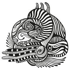 Black ink abstract creative fantastic alien pattern coloring page, isolated on white background. Decorative bizarre ornament doodle style.