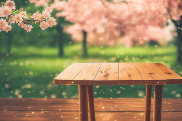 Empty wooden table in Sakura Flower Park with garden bokeh background. Product mockup template.