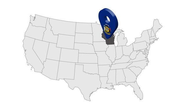 Location State of  Wisconsin on map USA. 3d State Wisconsin flag map marker location pin. Map of United States of America showing different states. Animated map States of USA. 4K.  Video