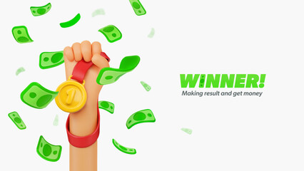 Winning money in sport competition or jackpot. Lottery winner vector illustration. Falling money bills and hand holding golden medal on white background.
