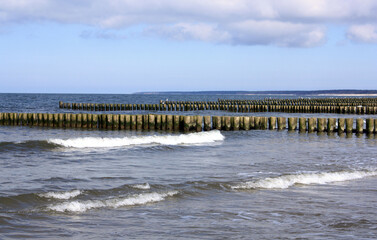 Fototapeta na wymiar Groynes in Ahrenshoop, Baltic Sea, Germany 