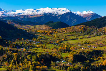 Autumn season in the Savsat District. Artvin, Turkey. Beautiful autumn landscape from Savsat Observation Terrace. Colorful valley view.