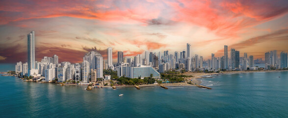 The modern skyscrapers in the Cartagena Colombia Bocagrande district panorama aerial epic sky view
