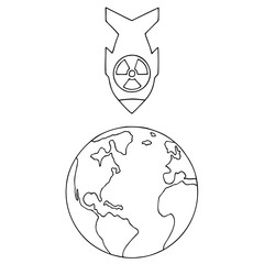 An atomic bomb falls on planet Earth. Threat of nuclear war. Blackmail with nuclear weapons. Hand Drawn. Freehand drawing. Doodle. Sketch. Outline. Coloring page.	