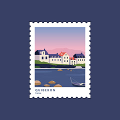 Quiberon, France travel postage. vector illustration postage stamp for using on envelopes, mail. - obrazy, fototapety, plakaty