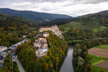 Fototapeta na wymiar landscape of Orava Castle and the village of Oravksy Podzamok in late autumn