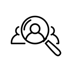 Magnifying glass with man line icon. Search man symbol on white. Simple outline abstract search man icon in black. Flat design. Vector illustration for graphic design, logo, Web, UI, mobile app.