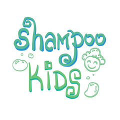 Fototapeta premium Shampoo for kids green color lettering. 2D lettering of phrase Shampoo kids - vector illustration design for kids cosmetics, banner, bath cosmetics.
