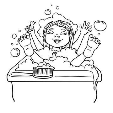 recommend clip art: Kid bathing - little girl in a soap bubbles from bath foam. Cartoon black vector lineart illustration. Design for children coloring page, books, bath cosmetics.