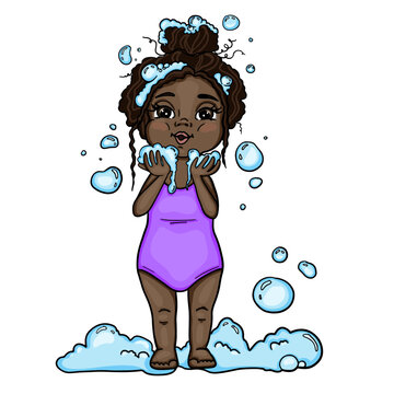 Kid bathing - little african american girl in purple swimsuit blowing soap bubbles from bath foam. Cartoon colorful vector illustration. Design for children bath cosmetics, books, websites, 