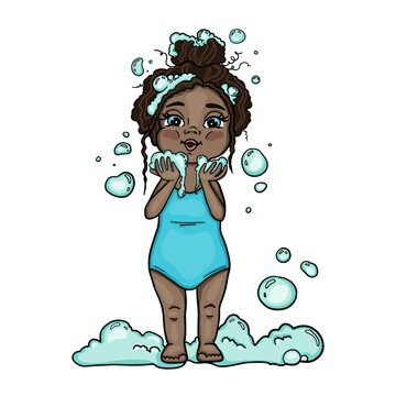 Kid bathing - little african american girl in blue swimsuit blowing soap bubbles from bath foam. Cartoon colorful vector illustration. Design for children bath cosmetics, books, websites, 