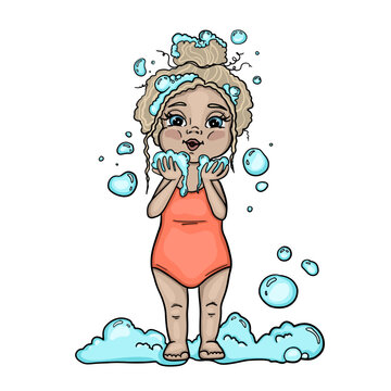 Girl kid bathing - little blonde hair girl in a swimsuit blowing soap bubbles from bath foam. Cartoon colorful vector illustration. Design for children bath cosmetics, books, websites, banners