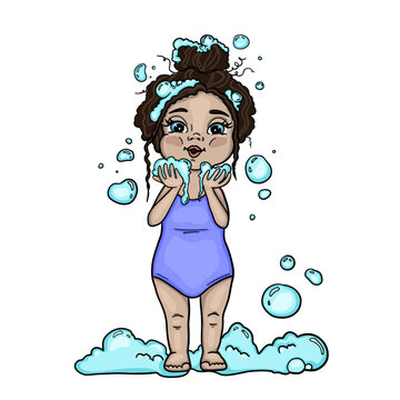 Girl kid bathing - little brown hair girl in a swimsuit blowing soap bubbles from bath foam. Cartoon colorful vector illustration. Design for children bath cosmetics, books, websites, banners