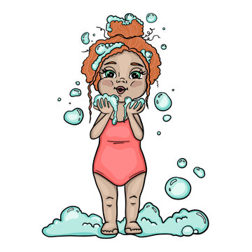 Girl kid bathing - little ginger hair girl in a swimsuit blowing soap bubbles from bath foam. Cartoon colorful vector illustration. Design for children bath cosmetics, books, websites, banners
