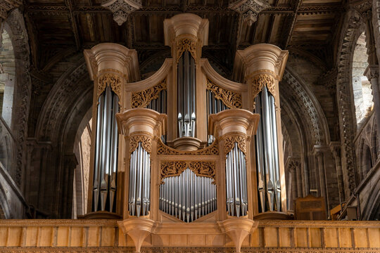 close-up view of the historic pipe organ in the St Davids Cathedral in Pembrokeshire