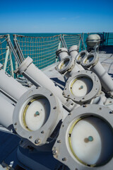 Chaff launcher is seen on the deck of a military ship