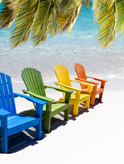 Colorful wooden chairs on white sand beach