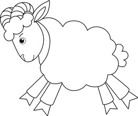 Running ram, farm animal - vector linear picture for coloring. Outline. Sheep, lamb - picture for coloring book