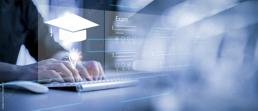 Aufkleber online exam, choose correct answer in test. student passing online exam, choose correct answer in te