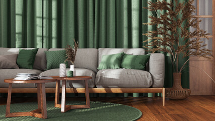 Farmhouse living room with curtains, fabric sofa and rattan carpet in white and green tones. Parquet floor. Vintage retro interior design