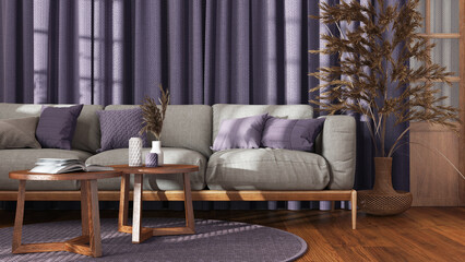 Farmhouse living room with curtains, fabric sofa and rattan carpet in white and purple tones. Parquet floor. Vintage retro interior design