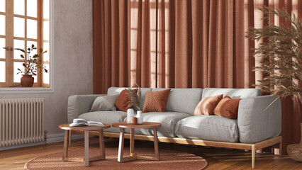 Classic living room with curtains, fabric sofa and rattan carpet in white and orange tones. Parquet floor. Farmhouse interior design