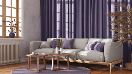 Classic living room with curtains, fabric sofa and rattan carpet in white and purple tones. Parquet floor. Farmhouse interior design