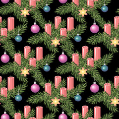 Vector - advents decoration, fir twigs, candles and glassballs seamless pattern.