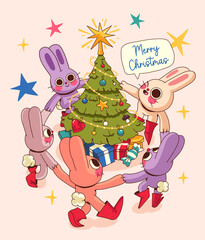 Christmas card with rabbits with Christmas attributes. Rabbit - symbol of the Chinese new year