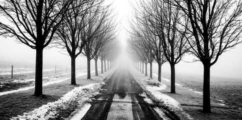 Winter scenery of a beautiful dirt road. Fog and naked trees