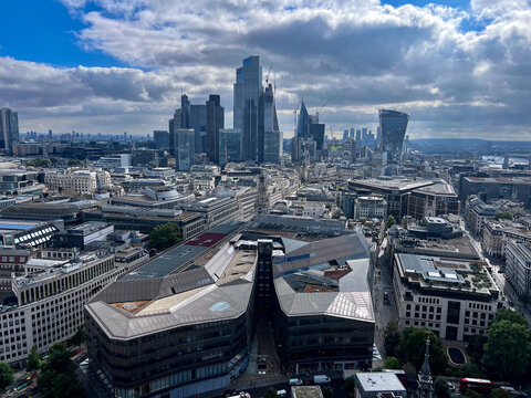 Financial district city skyline and Canary Wharf, London, England, UK