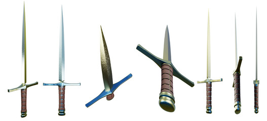 3d rendering of a dagger or small steel or iron sword from different angles. Can be used for example in photo manipulations