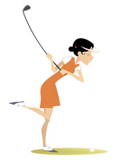 Golfer woman on the golf course. 
Golfer woman aiming to do a good shot. Isolated on white background
