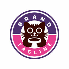 Cute Cat Drink Logo Design On Circle Frame