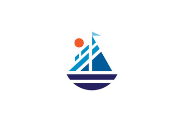 Sailboat logo with sun in simple flat style